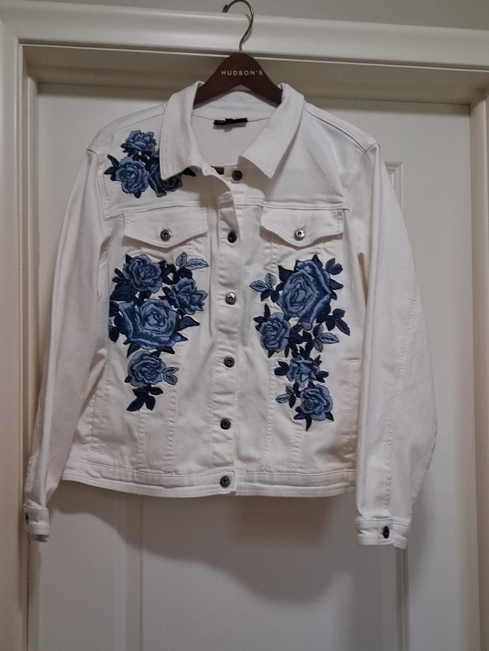 DG2 White Denim Jacket with Blue Rose Embroidery